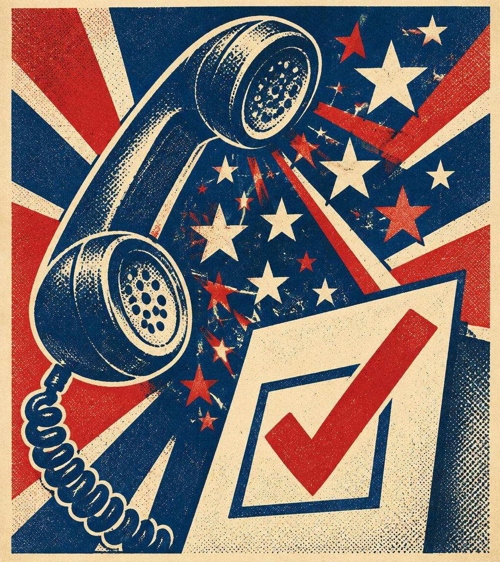 Vintage campaign poster of a telephone and a checked ballot box